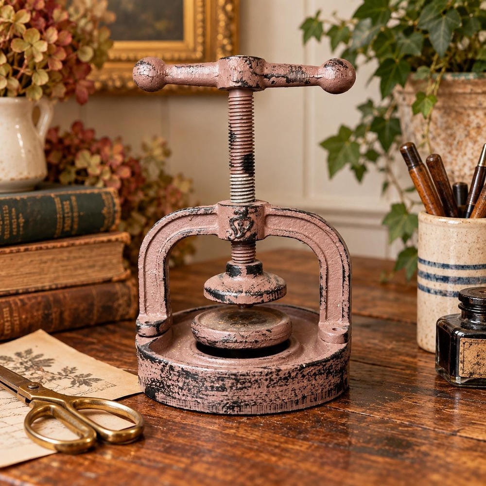 VTG Cast Iron Screw Press Small Hand Press Distressed Pink Farmhouse Tool Decor